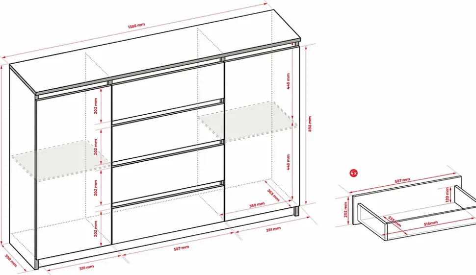 Commode, noir, 140 x 39 x 101 cm, 2 portes, 4 tiroirs
