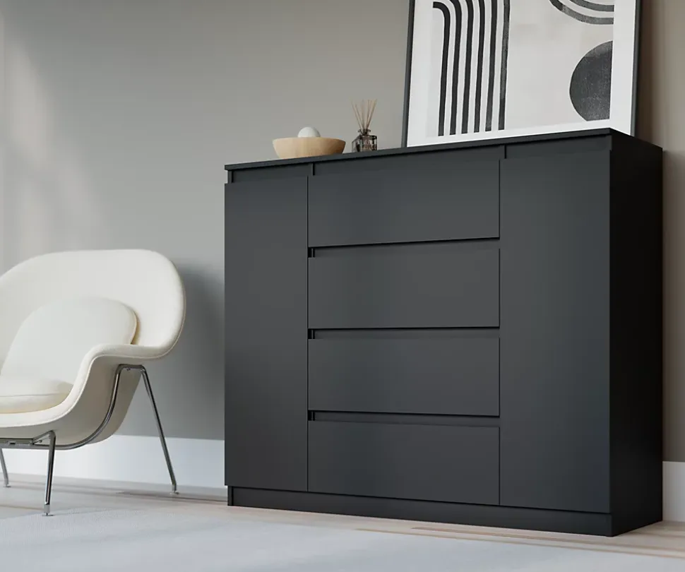 Commode, noir mat, 120 x 39 x 101 cm, 2 Portes, 4 Tiroirs