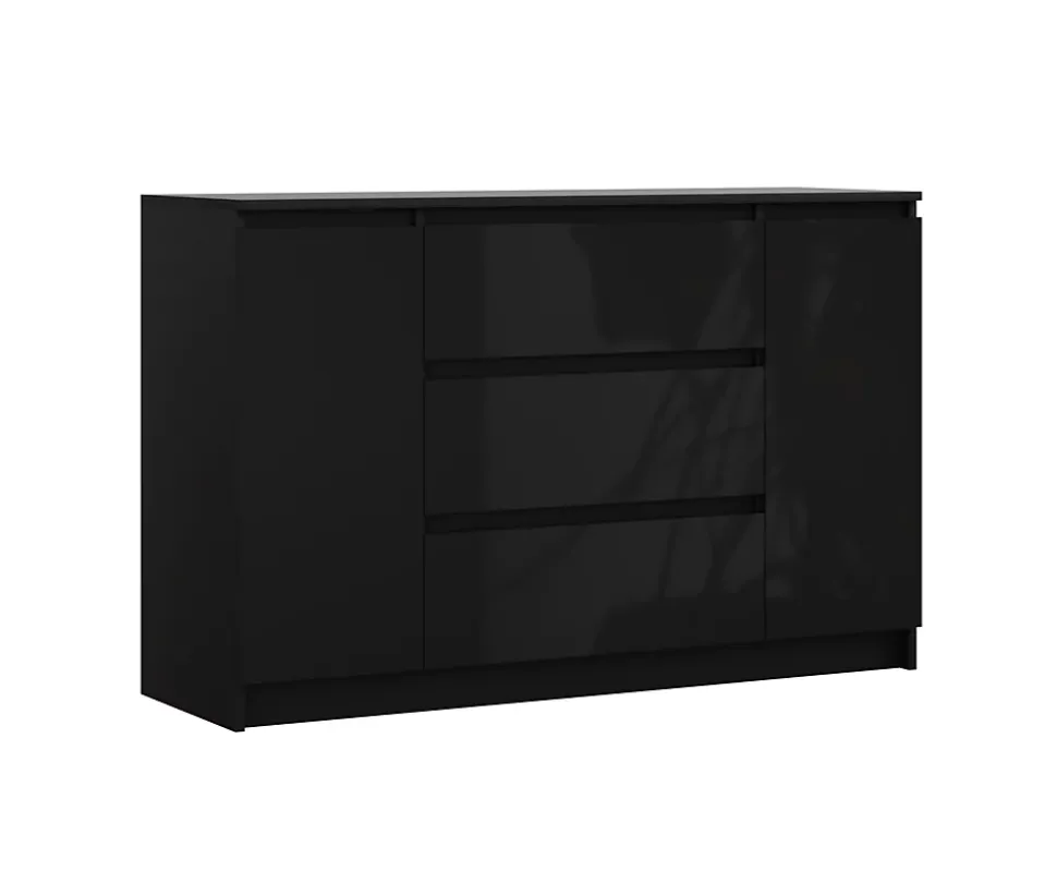 Commode, noir mat, noir brillant, 120 x 39 x 78 cm, 2 portes, 3 tiroirs