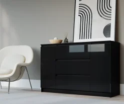 Commode, noir mat, noir brillant, 120 x 39 x 78 cm, 2 portes, 3 tiroirs