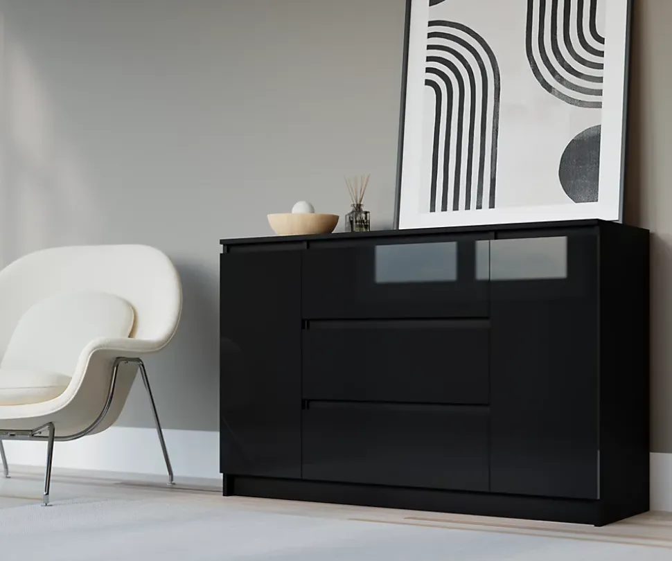 Commode, noir mat, noir brillant, 120 x 39 x 78 cm, 2 portes, 3 tiroirs