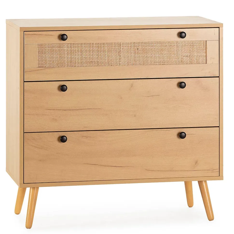 Commode nuit Bella 3 tiroirs couleur chêne avec rotin naturel