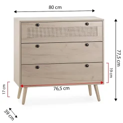 Commode nuit Bella 3 tiroirs couleur chêne avec rotin naturel