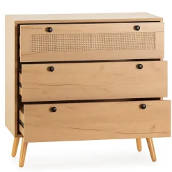 Commode nuit Bella 3 tiroirs couleur chêne avec rotin naturel