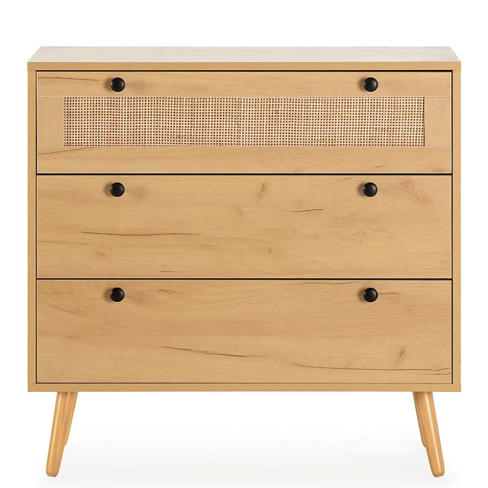 Commode nuit Bella 3 tiroirs couleur chêne avec rotin naturel