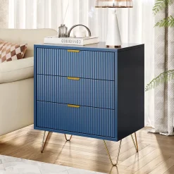 Commode, pieds et poignées en métal doré, robuste et durable, avec 3 tiroirs, bleu