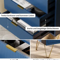 Commode, pieds et poignées en métal doré, robuste et durable, avec 3 tiroirs, bleu