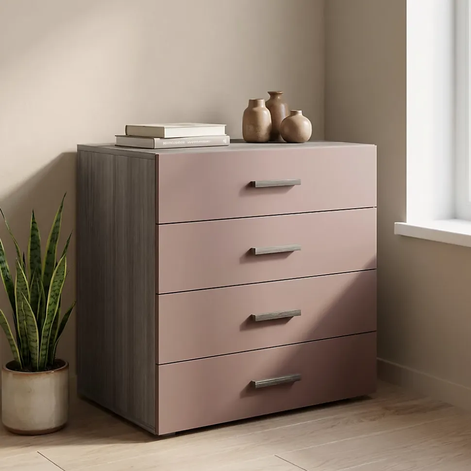 Commode rose taupe et effet chêne grisé avec 4 tiroirs GoodHome Atomia H. 75 x L. 75 x P. 58 cm