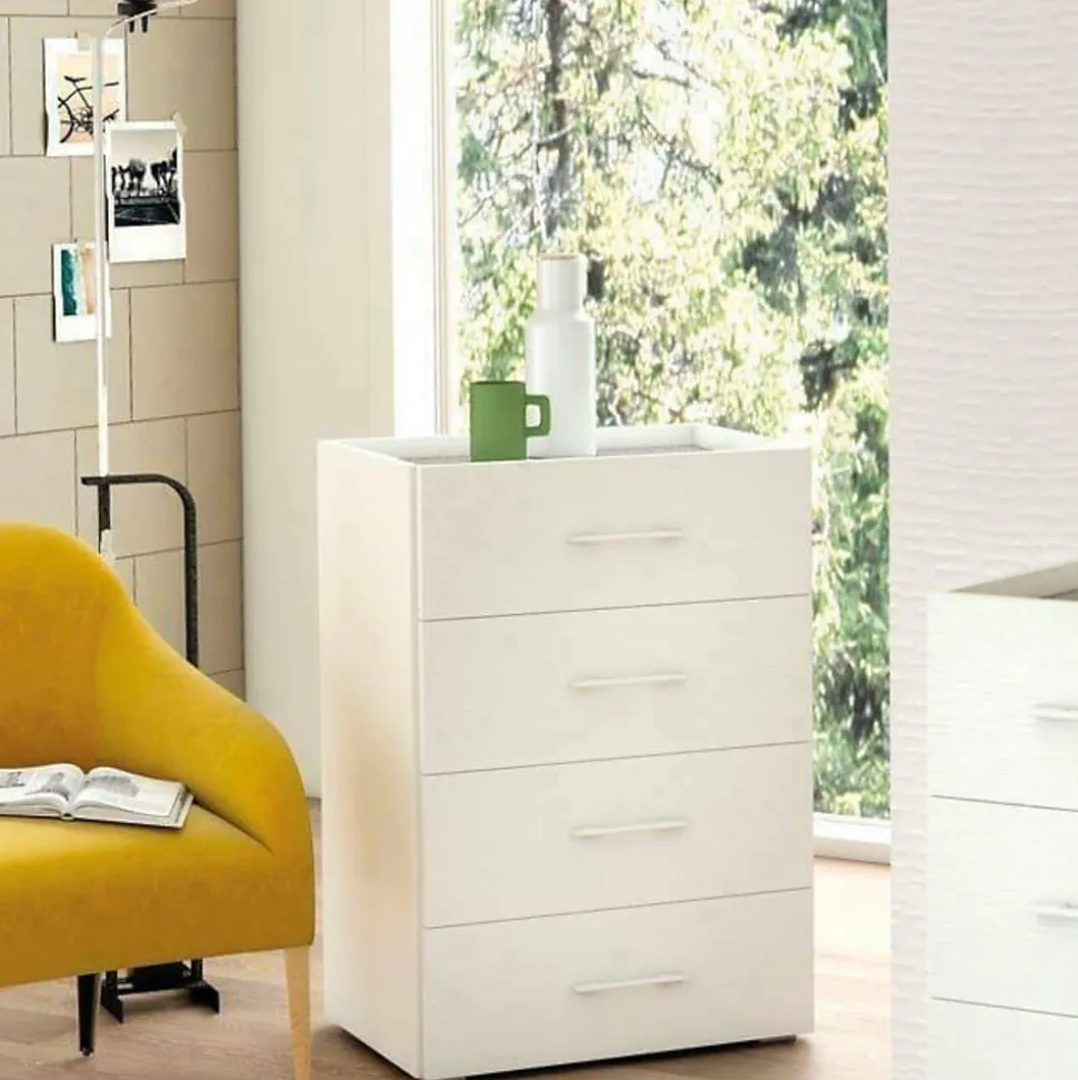 Commode Solano, commode à 4 tiroirs pour la chambre, bureau polyvalent ou meuble d'étude, 60x41h87 cm, blanc