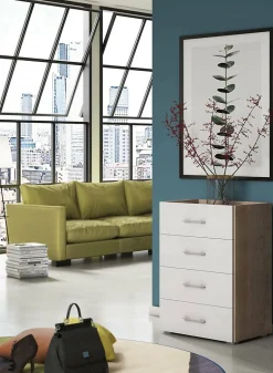 Commode Solano, Commode 4 tiroirs pour chambre à coucher, Bureau polyvalent ou meuble d'étude, 60x41h87 cm, Chêne et Blanc
