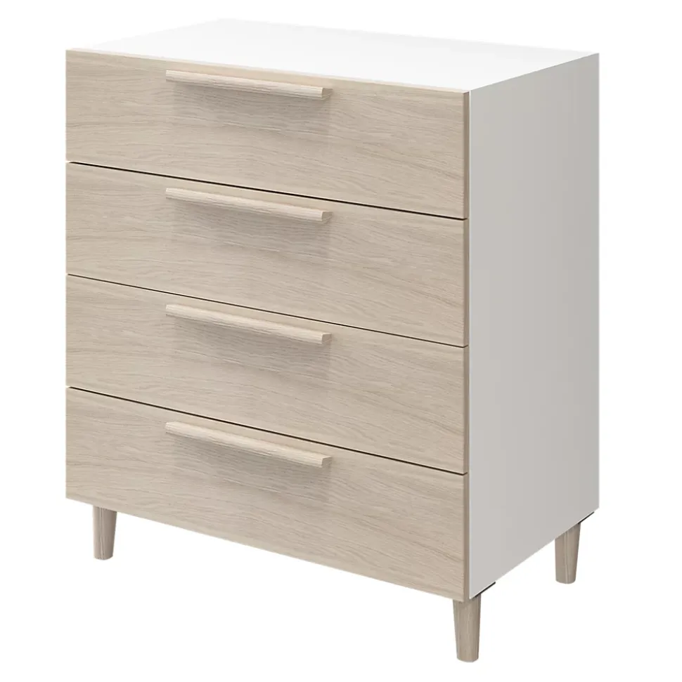 Commode sur pieds blanche et effet chêne 4 tiroirs GoodHome Atomia H. 86 x L. 75 x P. 47 cm
