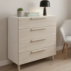 Commode sur pieds blanche et effet chêne 4 tiroirs GoodHome Atomia H. 86 x L. 75 x P. 47 cm