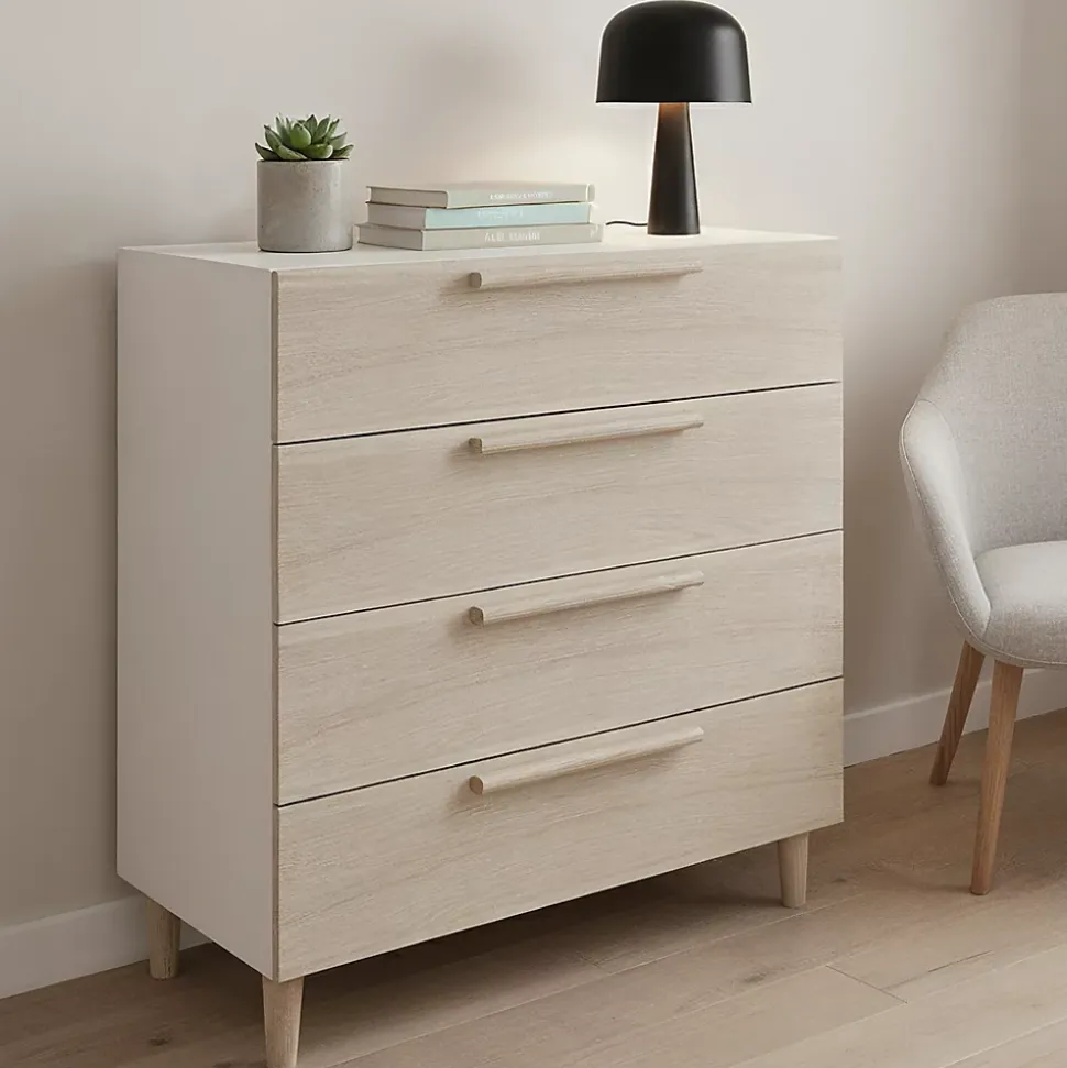 Commode sur pieds blanche et effet chêne 4 tiroirs GoodHome Atomia H. 86 x L. 75 x P. 47 cm