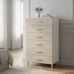 Commode sur pieds blanche et effet chêne 6 tiroirs GoodHome Atomia H. 123,5 x L. 75 x P. 47 cm