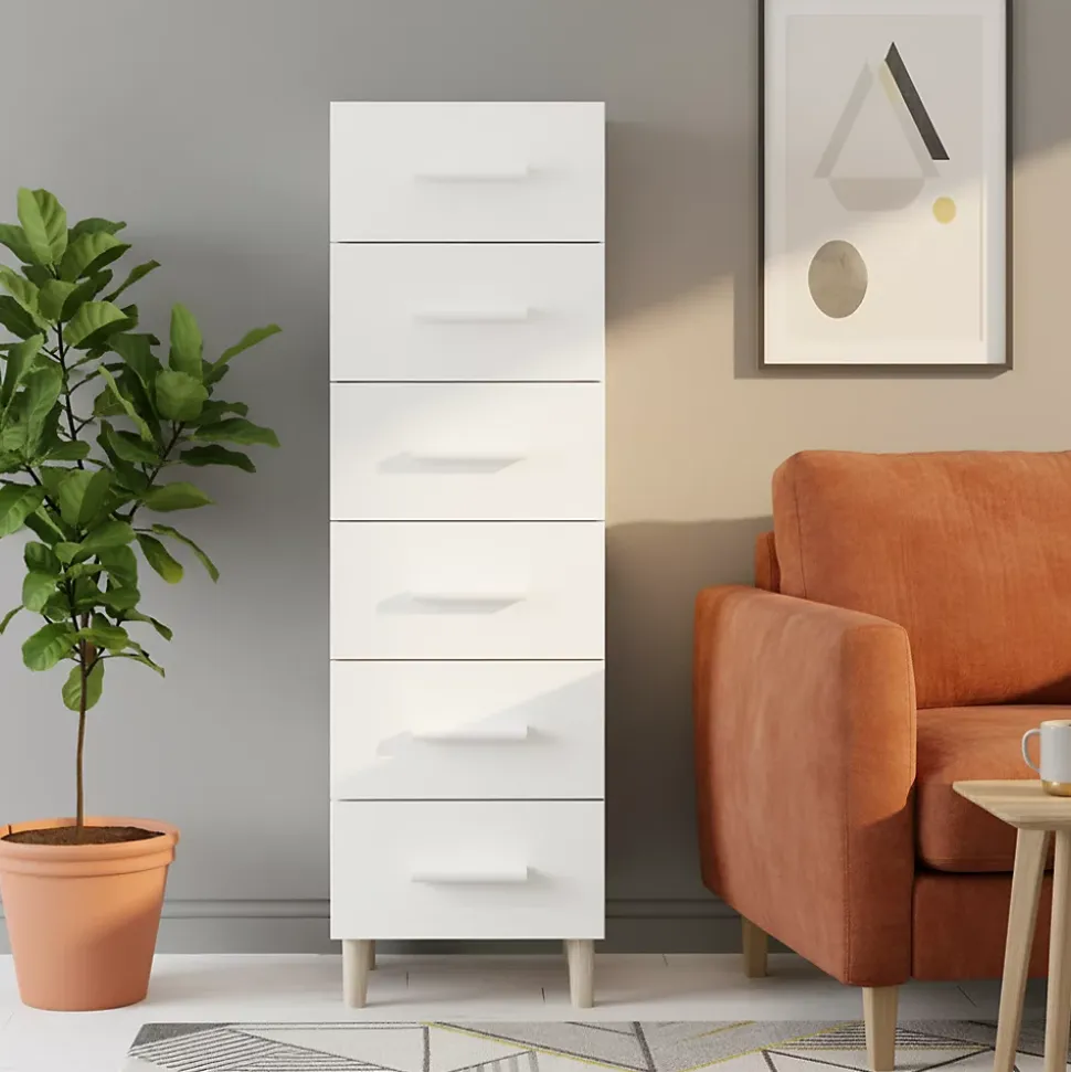 Commode sur pieds blanche et effet chêne 6 tiroirs GoodHome Atomia H. 123,5 x L. 37,5 x P. 45 cm