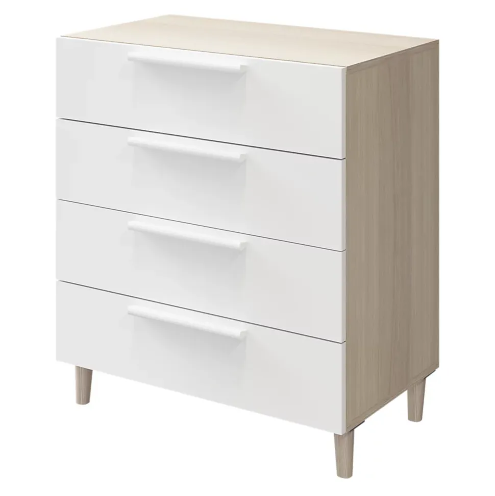 Commode sur pieds blanche et effet chêne 4 tiroirs GoodHome Atomia H. 86 x L. 75 x P. 45 cm