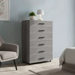 Commode sur pieds effet chêne grisé 6 tiroirs GoodHome Atomia H. 112,5 x L. 75 x P. 45 cm