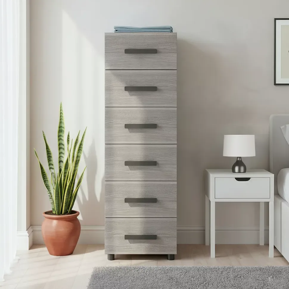 Commode sur pieds effet chêne grisé 6 tiroirs GoodHome Atomia H. 112,5 x L. 37,5 x P. 45 cm