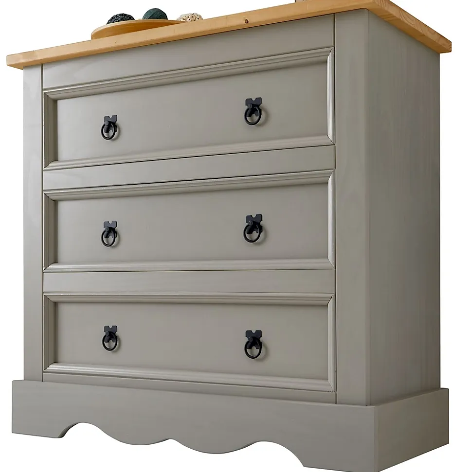 Commode TEQUILA, 3 tiroirs en pin massif lasuré gris et brun