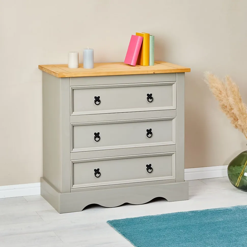 Commode TEQUILA, 3 tiroirs en pin massif lasuré gris et brun