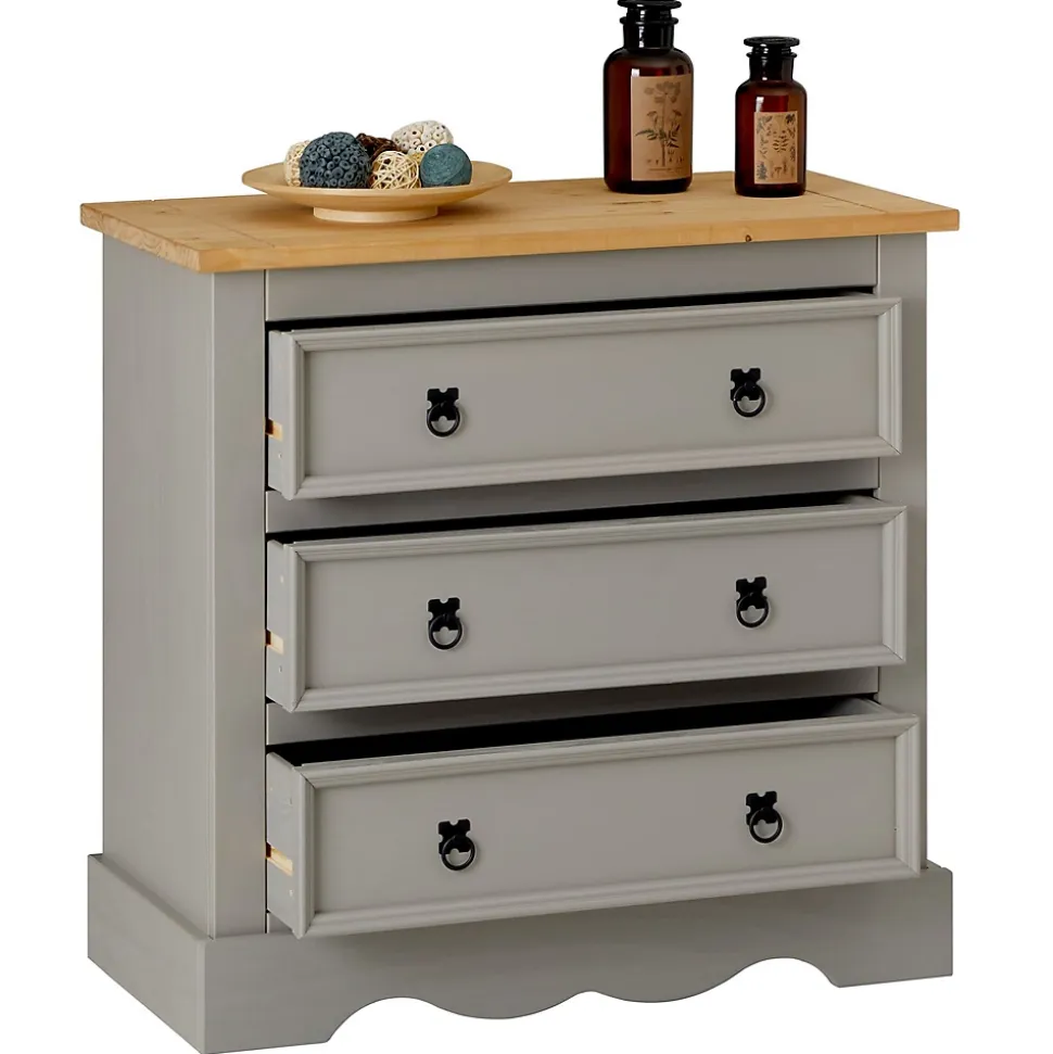 Commode TEQUILA, 3 tiroirs en pin massif lasuré gris et brun