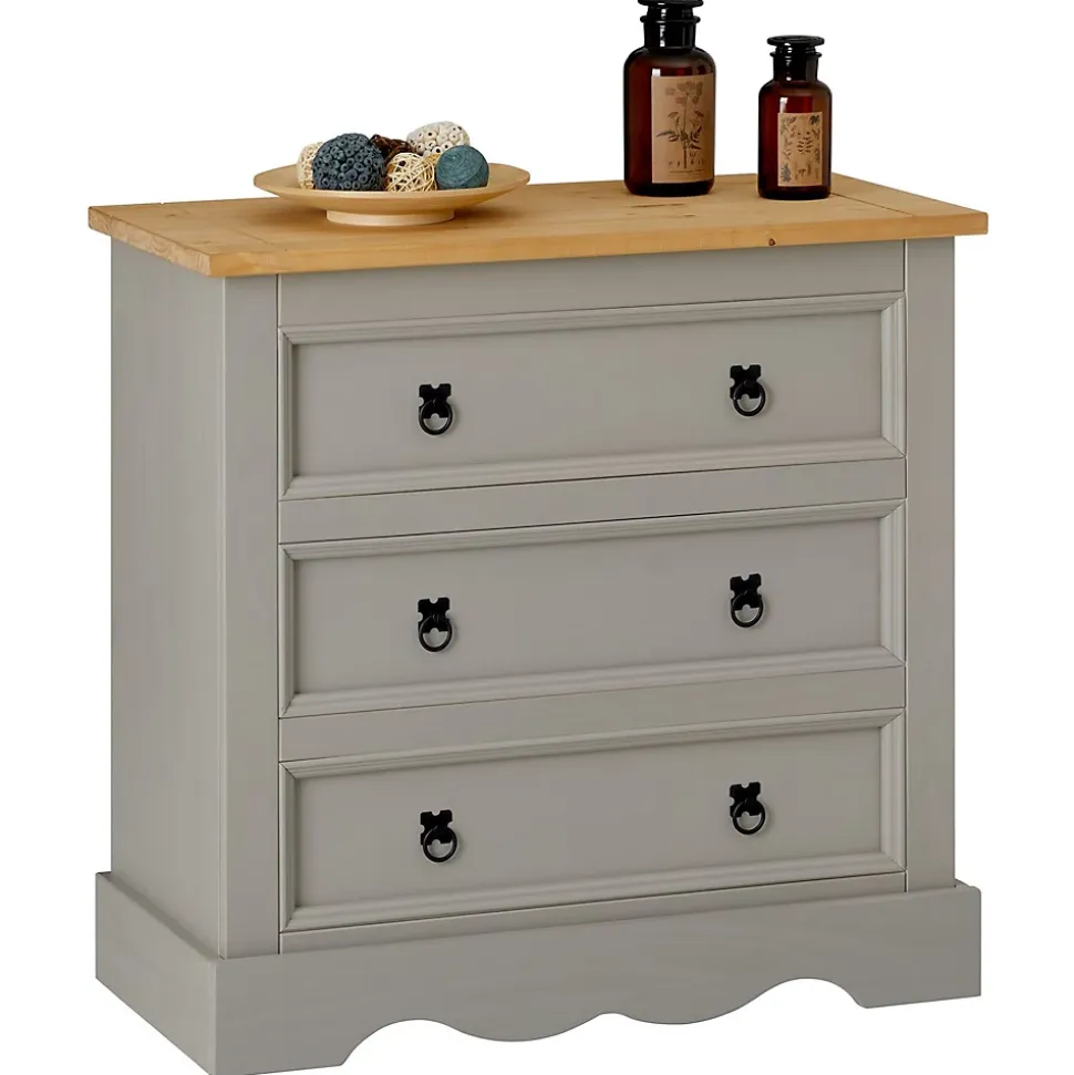 Commode TEQUILA, 3 tiroirs en pin massif lasuré gris et brun