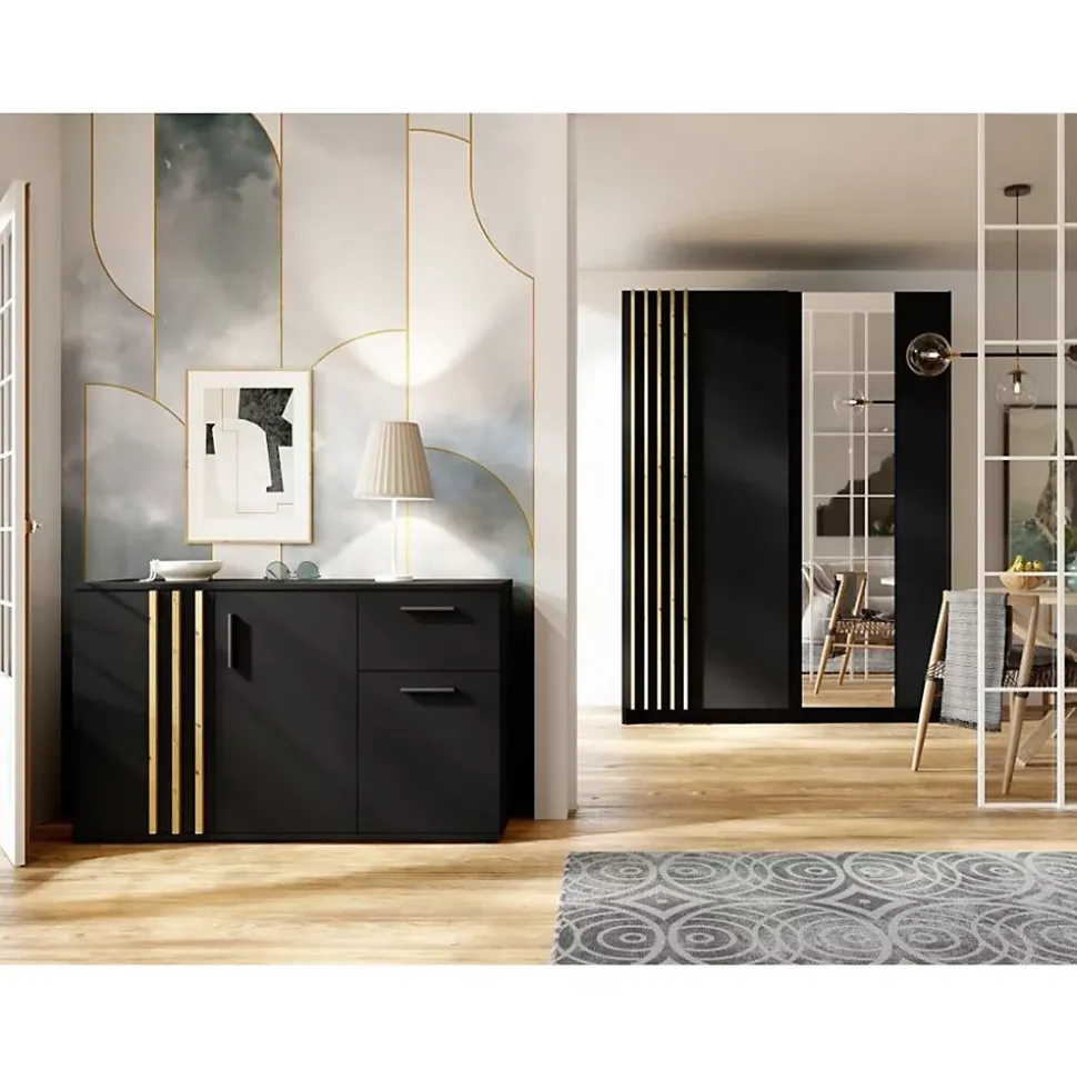 Commode VARIA - 3 portes et 1 tiroir - Design moderne coloris noir et chene Artisan