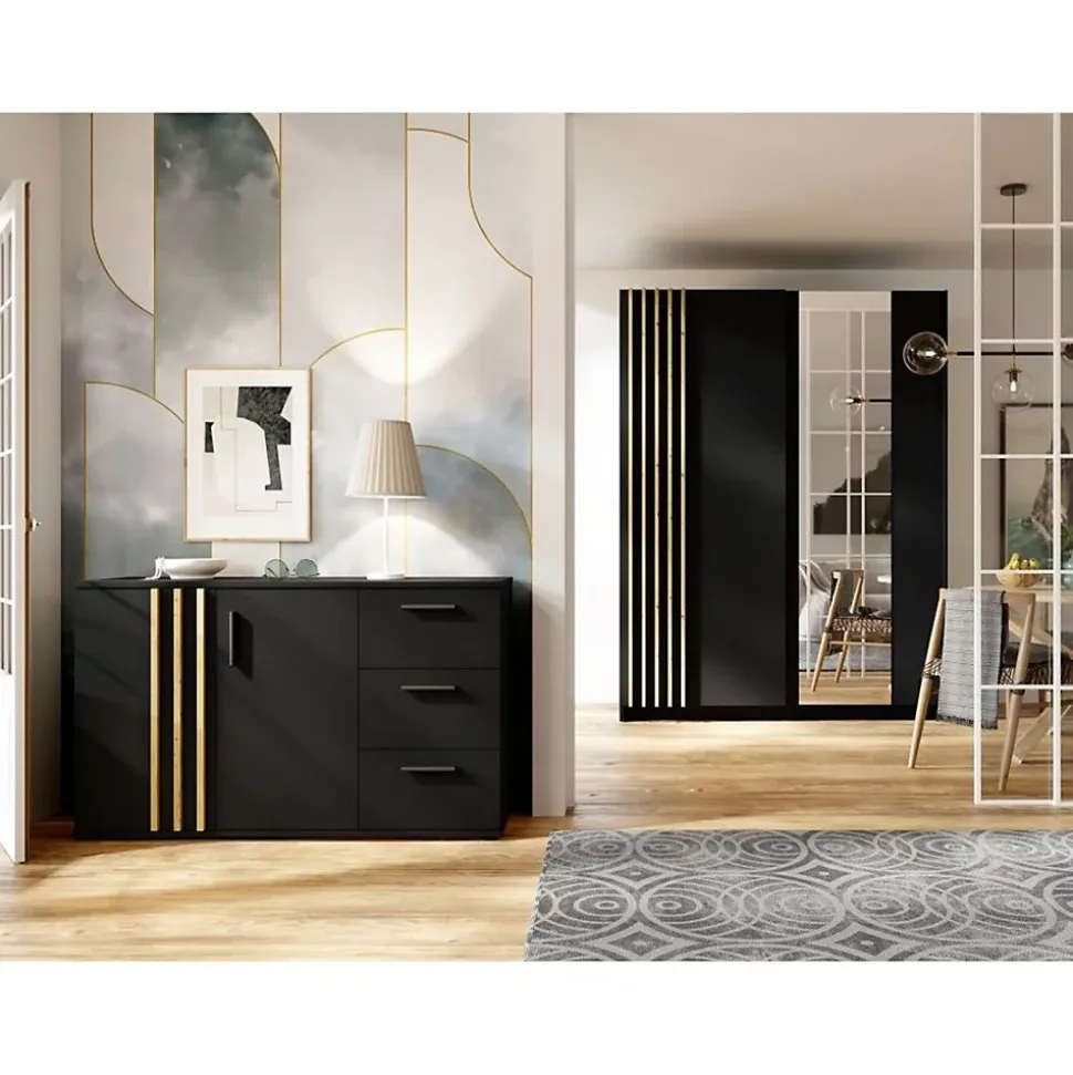 Commode VARIA - 2 portes et 3 tiroirs - Design moderne coloris noir et chene artisan