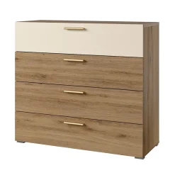 Commode VERTIGO 4 tiroirs Chene sauvage et beige sable Poignées dorées