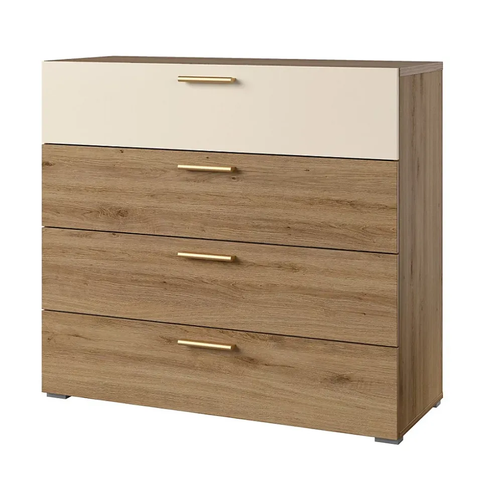Commode VERTIGO 4 tiroirs Chene sauvage et beige sable Poignées dorées
