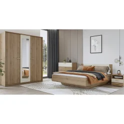 Commode VERTIGO 4 tiroirs Chene sauvage et beige sable Poignées dorées