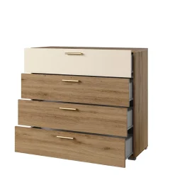 Commode VERTIGO 4 tiroirs Chene sauvage et beige sable Poignées dorées