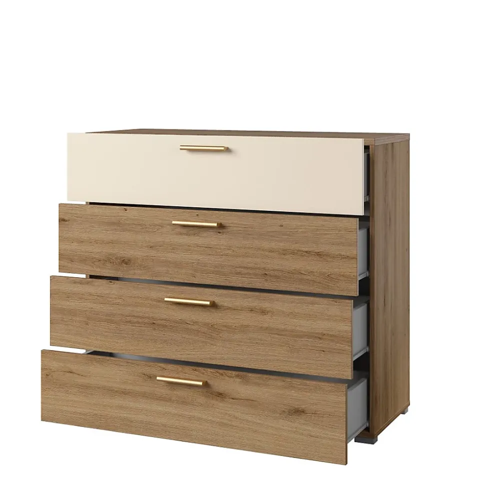 Commode VERTIGO 4 tiroirs Chene sauvage et beige sable Poignées dorées
