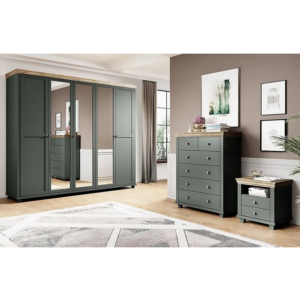 Commode XL design 6 tiroirs. Coloris vert kaki et chene. Collection ASSIA