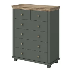 Commode XL design 6 tiroirs. Coloris vert kaki et chene. Collection ASSIA