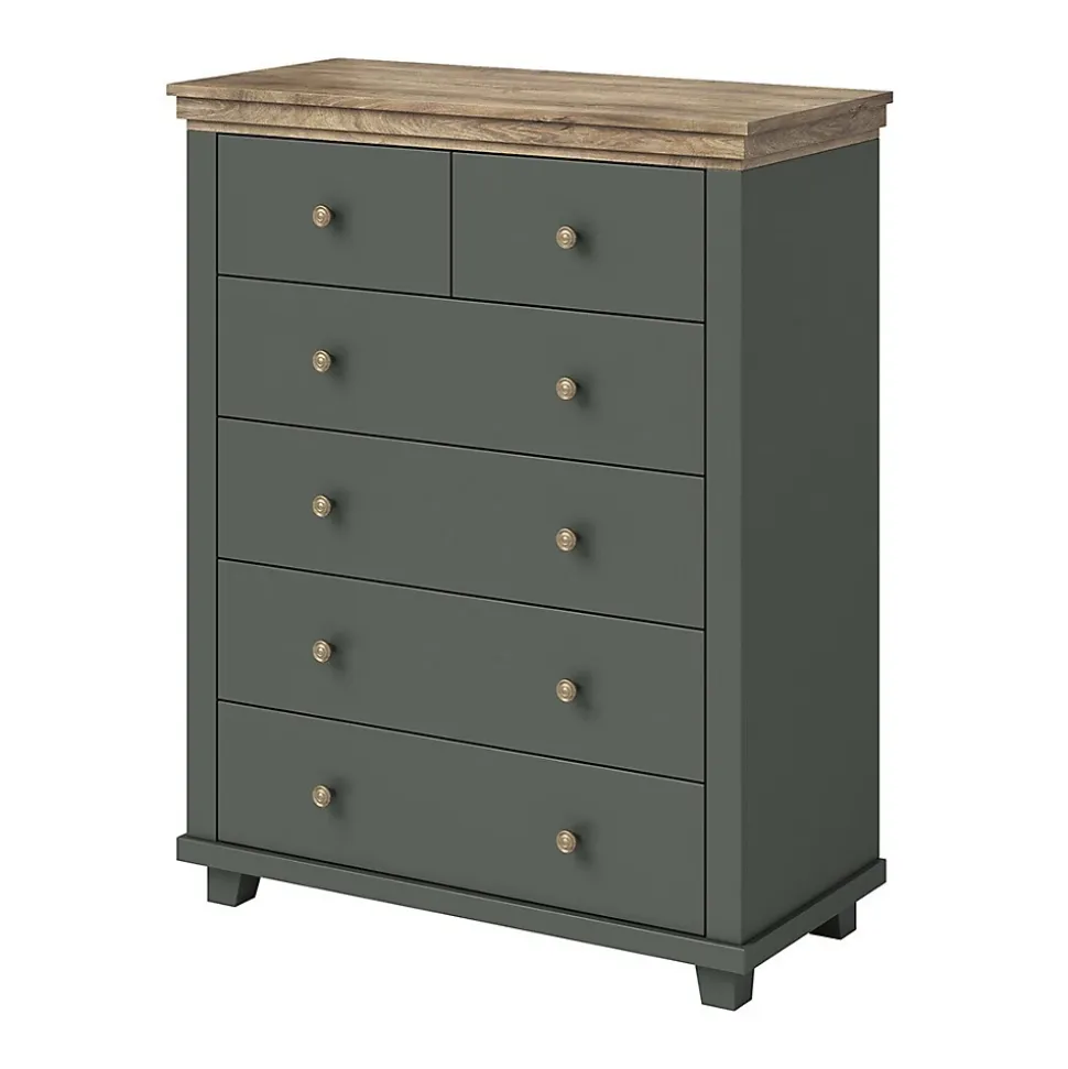 Commode XL design 6 tiroirs. Coloris vert kaki et chene. Collection ASSIA