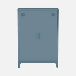 Commode/armoire en métal bleu. 2 espaces de rangement. casiers