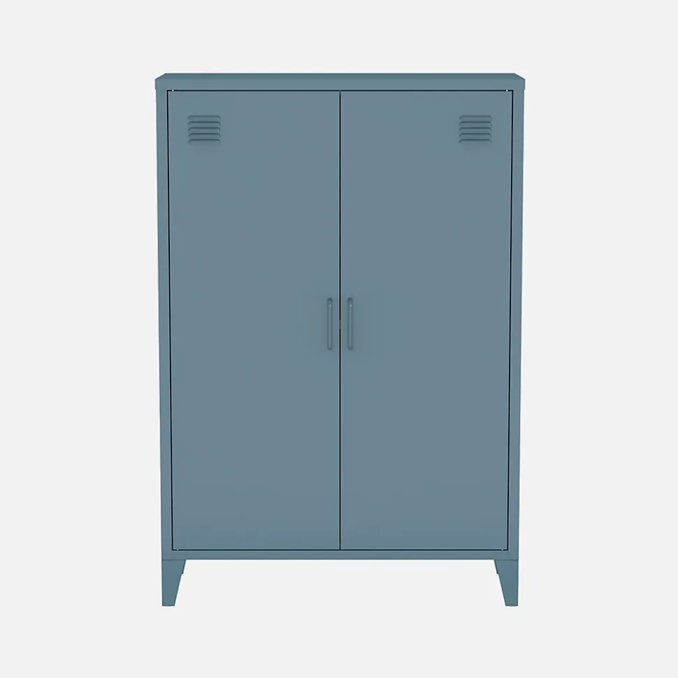 Commode/armoire en métal bleu. 2 espaces de rangement. casiers
