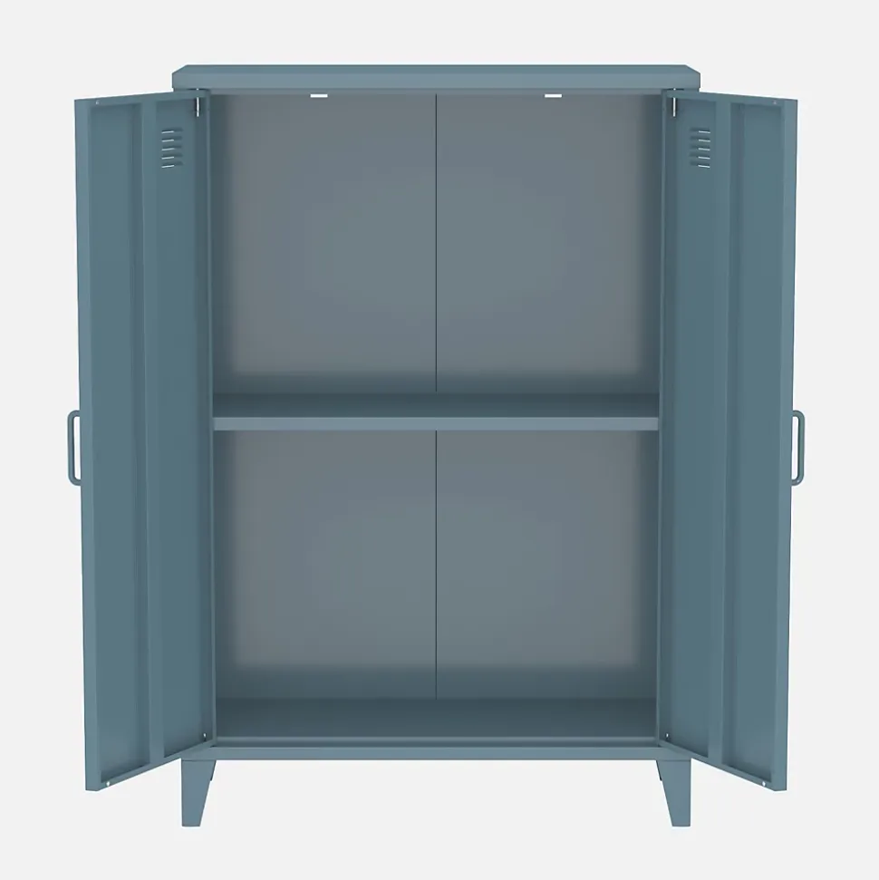 Commode/armoire en métal bleu. 2 espaces de rangement. casiers