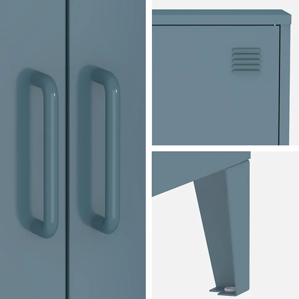Commode/armoire en métal bleu. 2 espaces de rangement. casiers