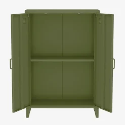 Commode/armoire en métal kaki. 2 espaces de rangement. casiers