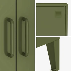 Commode/armoire en métal kaki. 2 espaces de rangement. casiers