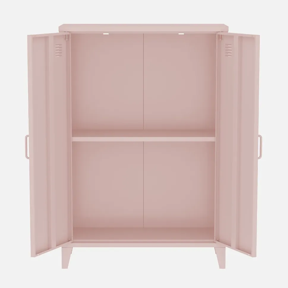 Commode/armoire en métal rose. 2 espaces de rangement. casiers