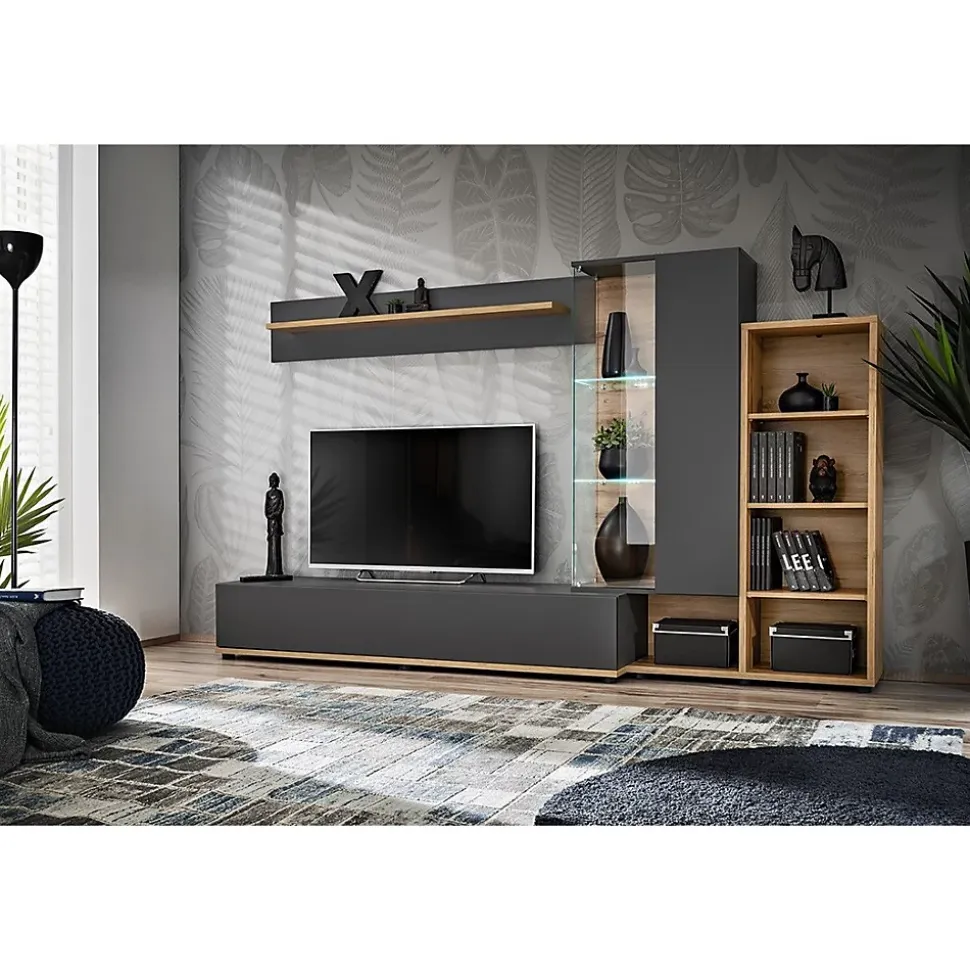 Composition murale collection KLIS 2 coloris gris anthracite et chene. LED incluses. Meuble tv design