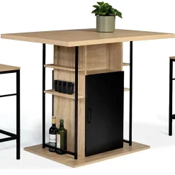 Comptoir Bar Ilot Central Meuble Industriel avec Rangements 110cm Imitation hêtre Salon Salle à Manger Cuisine 6 Places Moderne