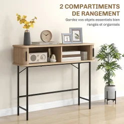 Console 2 portes coulissantes design naturel piètement acier noir effet bois clair