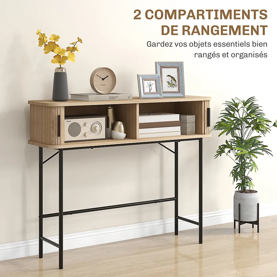Console 2 portes coulissantes design naturel piètement acier noir effet bois clair