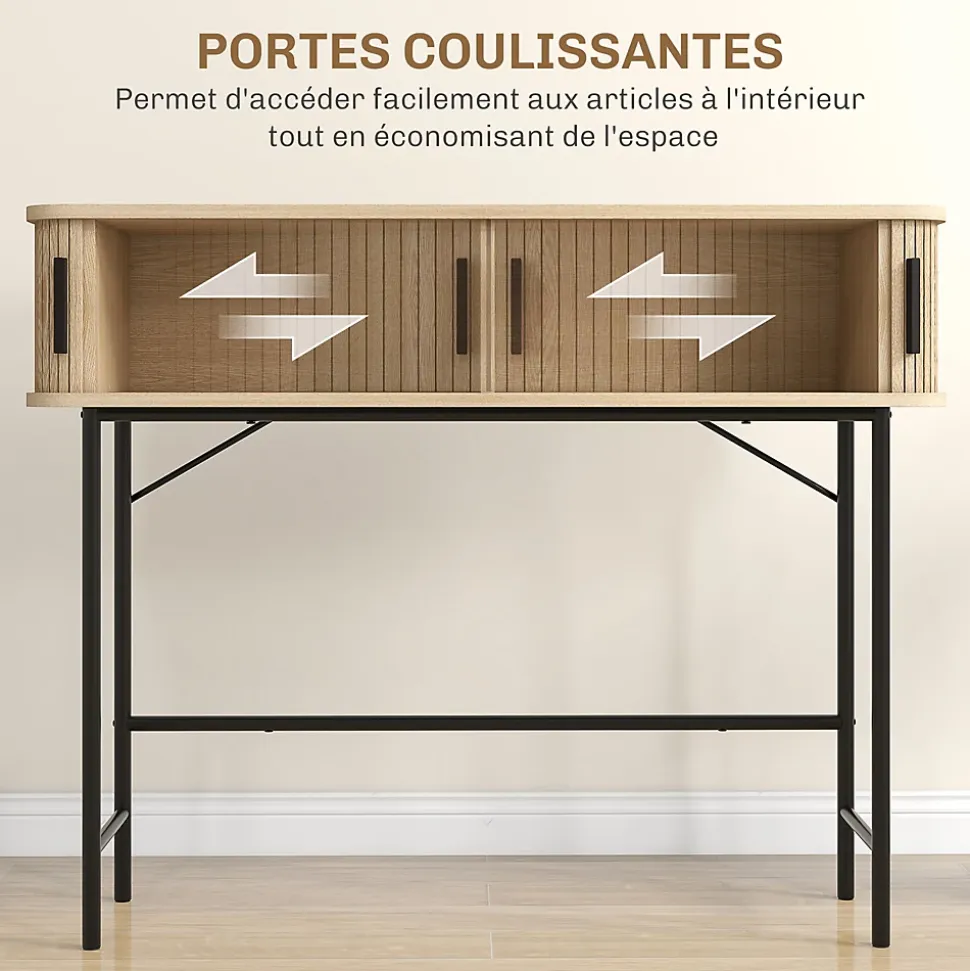 Console 2 portes coulissantes design naturel piètement acier noir effet bois clair