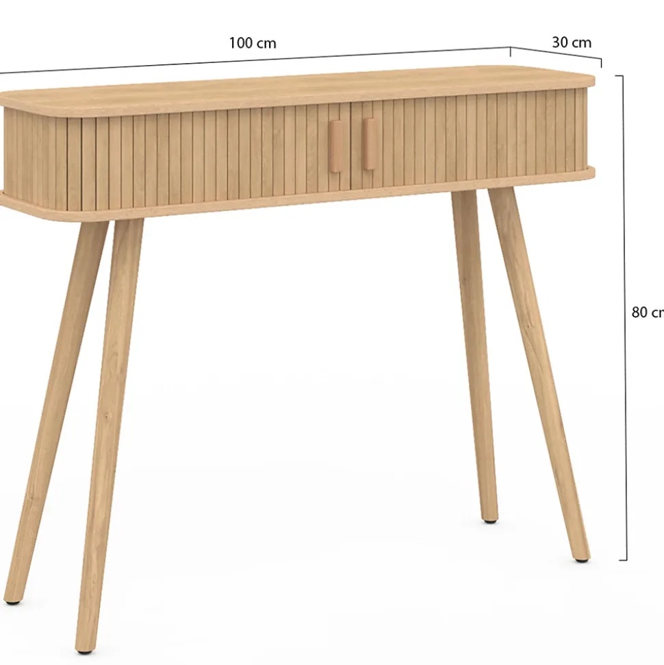 Console 2 portes coulissantes ROMIE lattes tasseau bois coloris chêne