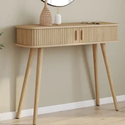 Console 2 portes coulissantes ROMIE lattes tasseau bois coloris chêne